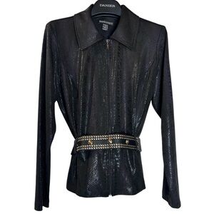 Frank Lyman women’s embossed blouse full zip size 14 black READ: missing‎ belt
